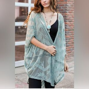 Blue Lace Floral Coverup Kimono - One Size